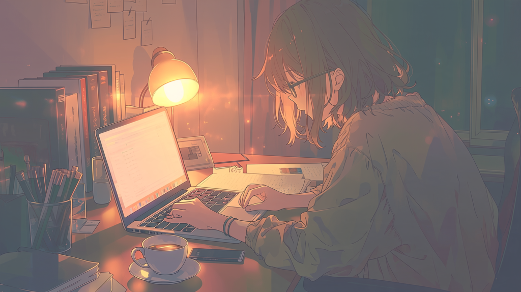 ノートパソコンを閉じ、ノートとお茶に向き直る女性